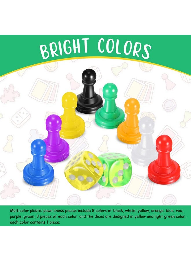 Zhanmai 26 Pieces Multicolor Board Game Pieces and Dice Include 24 Multicolor Plastic Pawn Chess Pieces and 2 Plastic 6-Sided Game Dices, Chess Game Pieces Dice Set for Board Game Components Table Marking - Image 3