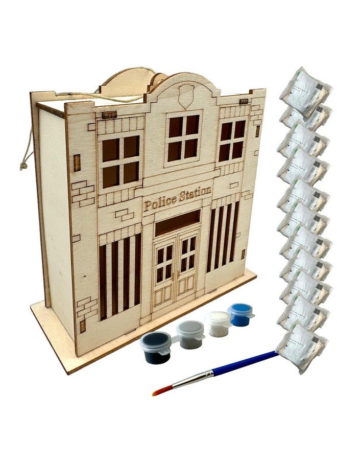 Oojami Wooden Police Station Crafting Kit: 12 DIY Unfinished Police Station Decoration Party Favors Supplies Ideal for Kids and Adults of All Ages with Paints and Brush (DIY) - Image 1