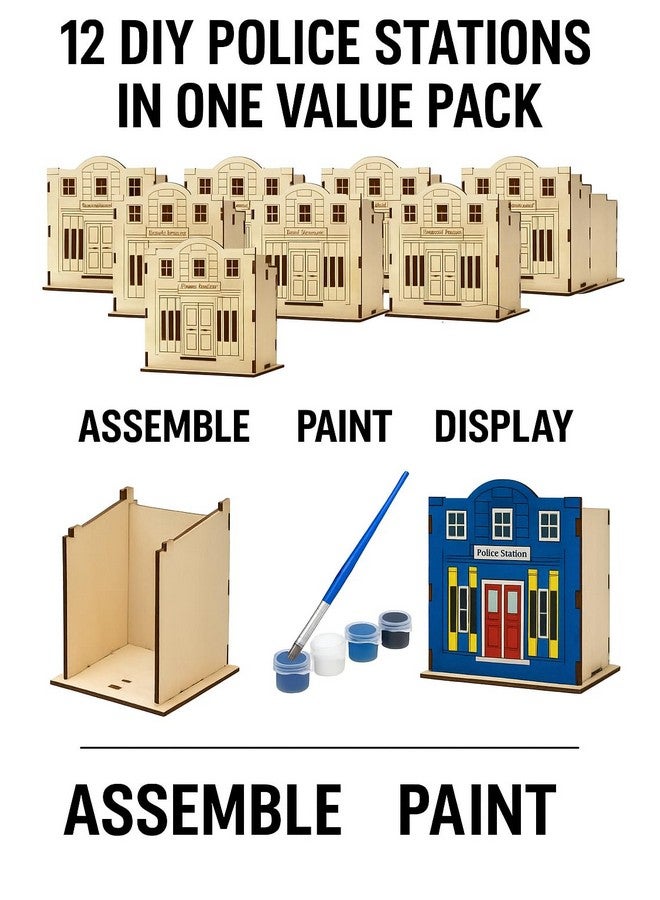Oojami Wooden Police Station Crafting Kit: 12 DIY Unfinished Police Station Decoration Party Favors Supplies Ideal for Kids and Adults of All Ages with Paints and Brush (DIY) - Image 2