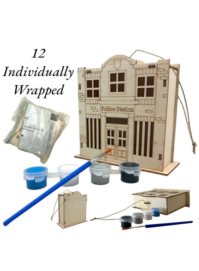 Oojami Wooden Police Station Crafting Kit: 12 DIY Unfinished Police Station Decoration Party Favors Supplies Ideal for Kids and Adults of All Ages with Paints and Brush (DIY) - Image 5