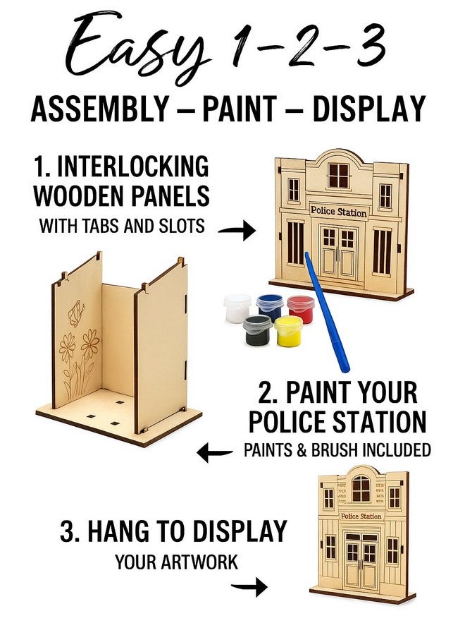 Oojami Wooden Police Station Crafting Kit: 12 DIY Unfinished Police Station Decoration Party Favors Supplies Ideal for Kids and Adults of All Ages with Paints and Brush (DIY) - Image 3