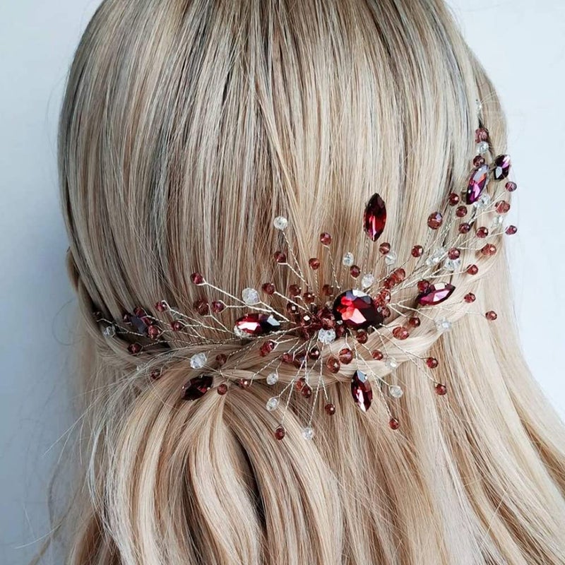 Aimimier Bridal Red Crystal Hair Comb Ruby Hair Comb Silver Headband Prom Party Festival Wedding Hair Accessories for Women Red