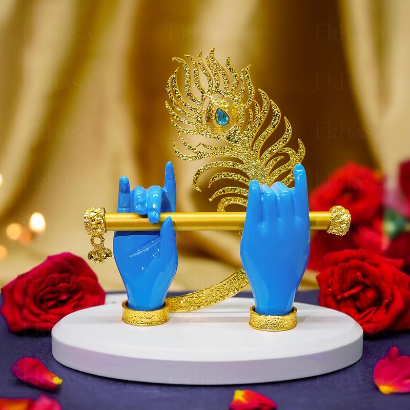 Ekhasa Lord Krishna Hands with Flute Idol (Small Size) | Krishna Flute Hand Statue | Krishnaji Divine Hands Idol with Flute and Peacock Feather | Krishna Statue for Car Dashboard & Griha Pravesh Gift - Image 1