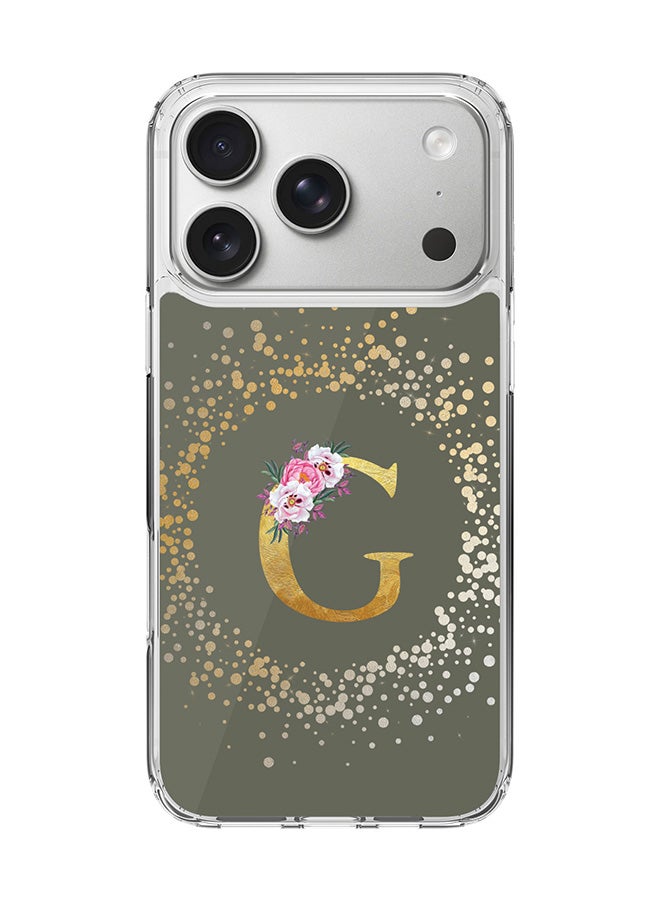 Stylizedd Classic Clear MagSafe Case for iPhone 17 Pro , Hybrid Soft Case Flexible Edges Anti Drop TPU PC Gel Thin Transparent Cover [ Designed for iPhone 17 Pro ] - Custom Monogram Initial Letter Floral Pattern Alphabet - G  (Olive Green )