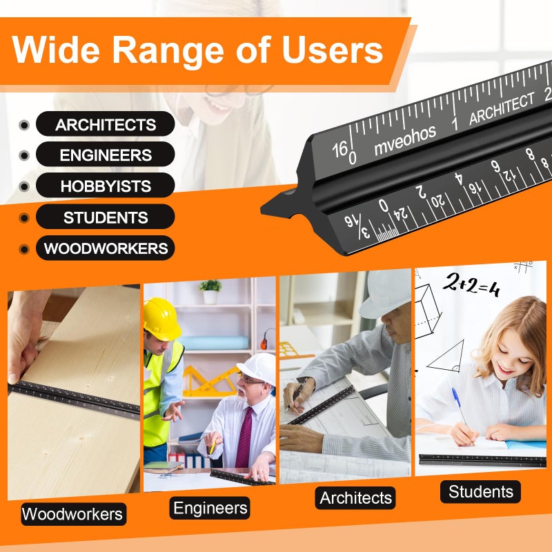 mveohos Architectural Scale Ruler, Imperial Measurements 12'', Laser-Etched Aluminum Architect Triangular Ruler Black for Architects, Students, Draftsman, and Engineers by mveohos - Image 5
