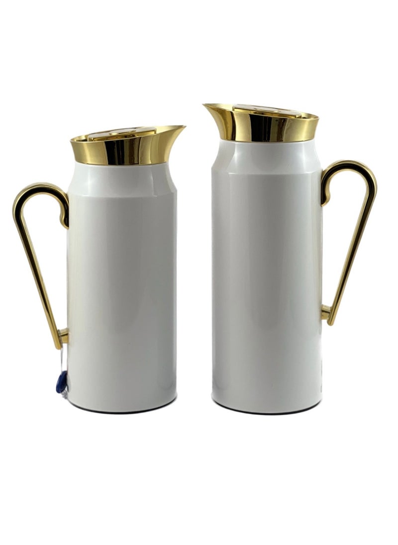 Homemaker - 2-Piece Tea & Coffee Flask - 0.75 Liter & 1 Liter Capacity - Glass Inner - Steel Body - White & Gold - Image 1