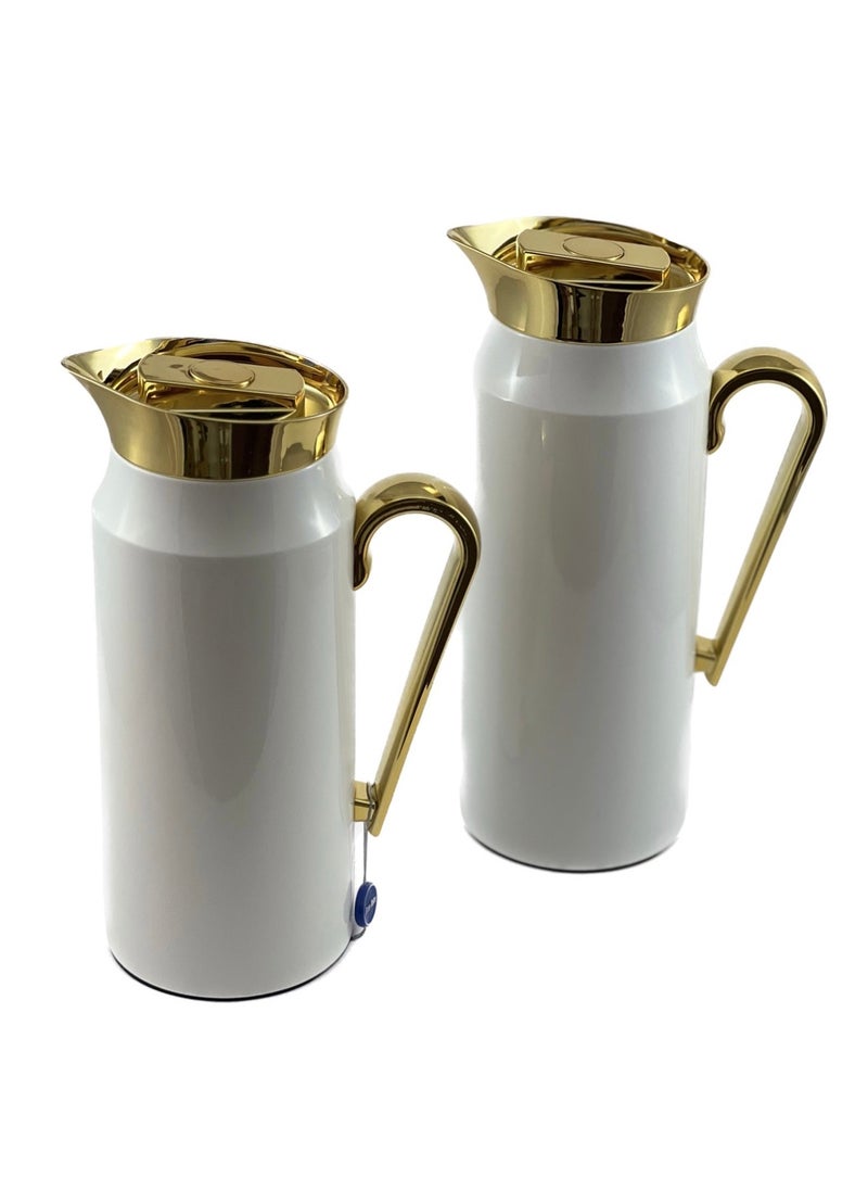 Homemaker - 2-Piece Tea & Coffee Flask - 0.75 Liter & 1 Liter Capacity - Glass Inner - Steel Body - White & Gold - Image 1