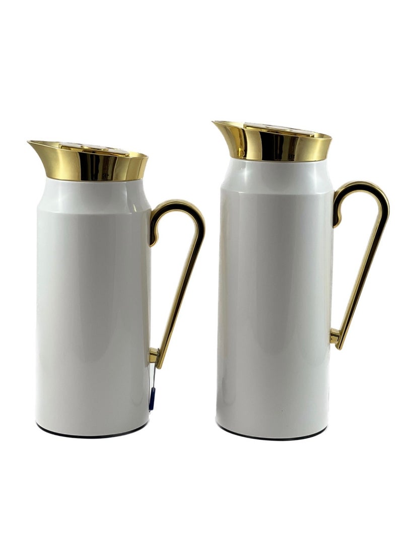 Homemaker - 2-Piece Tea & Coffee Flask - 0.75 Liter & 1 Liter Capacity - Glass Inner - Steel Body - White & Gold - Image 1