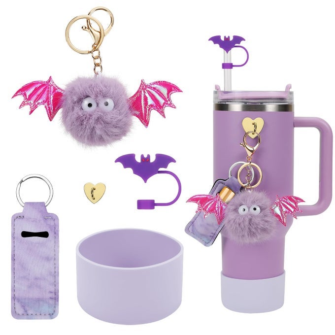 STANLEY HALLOWEEN ACCESSORIES SET SILICONE STRAW COVER CUP BOOT LIPSTICK HOLDER CHARMS FOR 40OZ 30OZ TUMBLER LILAC BAT