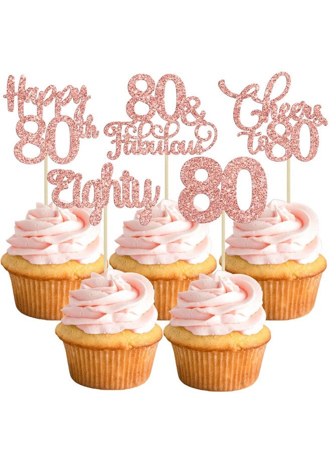 Ephlyn 30 Pack Happy 80th Birthday Cupcake Toppers Rose Gold Glitter Eighty Cheers to 80 Years Old Birthday Cupcake Picks for Happy 80th Birthday Anniversary Party Cake Decorations - Image 1
