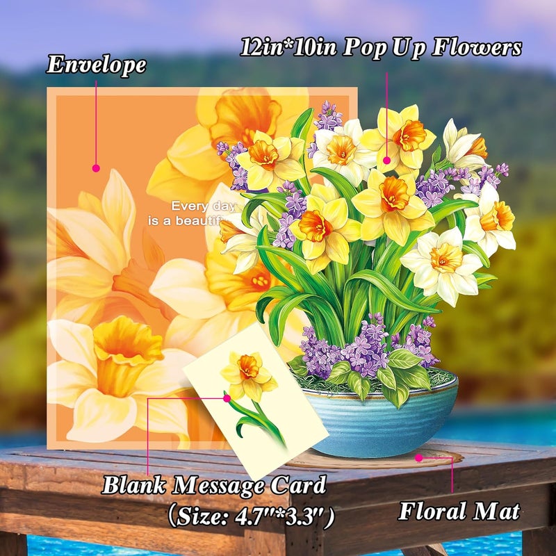 Airpark Pop Up Cards, 12‘’ English Daffodils, Paper Flowers Bouquet 3D Popup Greeting Cards with Blank Note Card and Envelope for Birthday, Anniverary, Wedding, Thank You Gifts for Women Lover Friends - Image 5