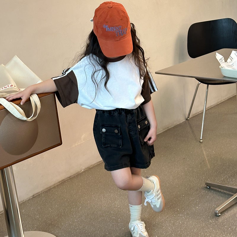 Children'S Korean T-Shirt 2025 Style Girls' Letter Contrasting Short-Sleeved Medium And Large Kidsren'S Casual Style Thin Trendy T-Shirt