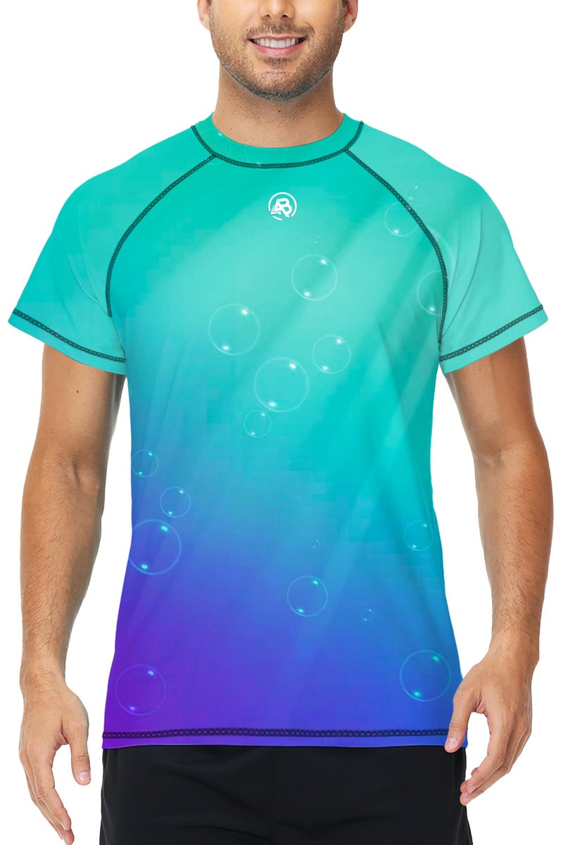 Swim Shirts for Men Sun Protection UV Shirt Short Sleeve Quick Dry UPF 50 Rashguard Gradient Aqua Purple 2XL