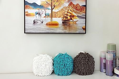 ACOCPOL Chenille Hand Towel, Cute Flat Ball Shape, Thickened Sponge Instant Absorbent Quick-Drying Towel, Kitchen Bathroom Hanging Convenient Quick-Drying (White Gray) - Image 2