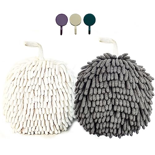ACOCPOL Chenille Hand Towel, Cute Flat Ball Shape, Thickened Sponge Instant Absorbent Quick-Drying Towel, Kitchen Bathroom Hanging Convenient Quick-Drying (White Gray) - Image 1