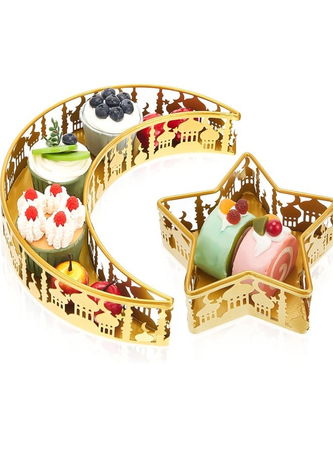 Dinner Plate Tray Fruit Plate Ramadan Decoration Ramadan Moon Serving Tray Muslim Food Tray Mubarak Metal Serving Dishes Islam Snack Display Holder for Ramadan Islam Party Decoration, Gold - Image 1