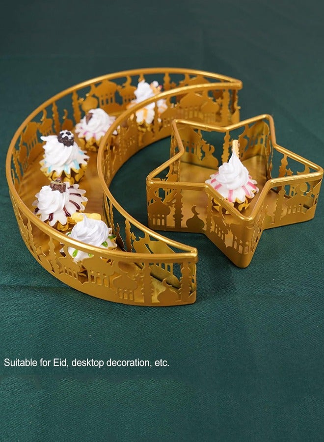 Dinner Plate Tray Fruit Plate Ramadan Decoration Ramadan Moon Serving Tray Muslim Food Tray Mubarak Metal Serving Dishes Islam Snack Display Holder for Ramadan Islam Party Decoration, Gold - Image 2