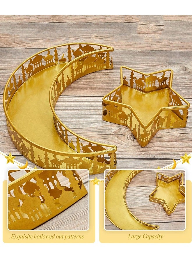 Dinner Plate Tray Fruit Plate Ramadan Decoration Ramadan Moon Serving Tray Muslim Food Tray Mubarak Metal Serving Dishes Islam Snack Display Holder for Ramadan Islam Party Decoration, Gold - Image 3