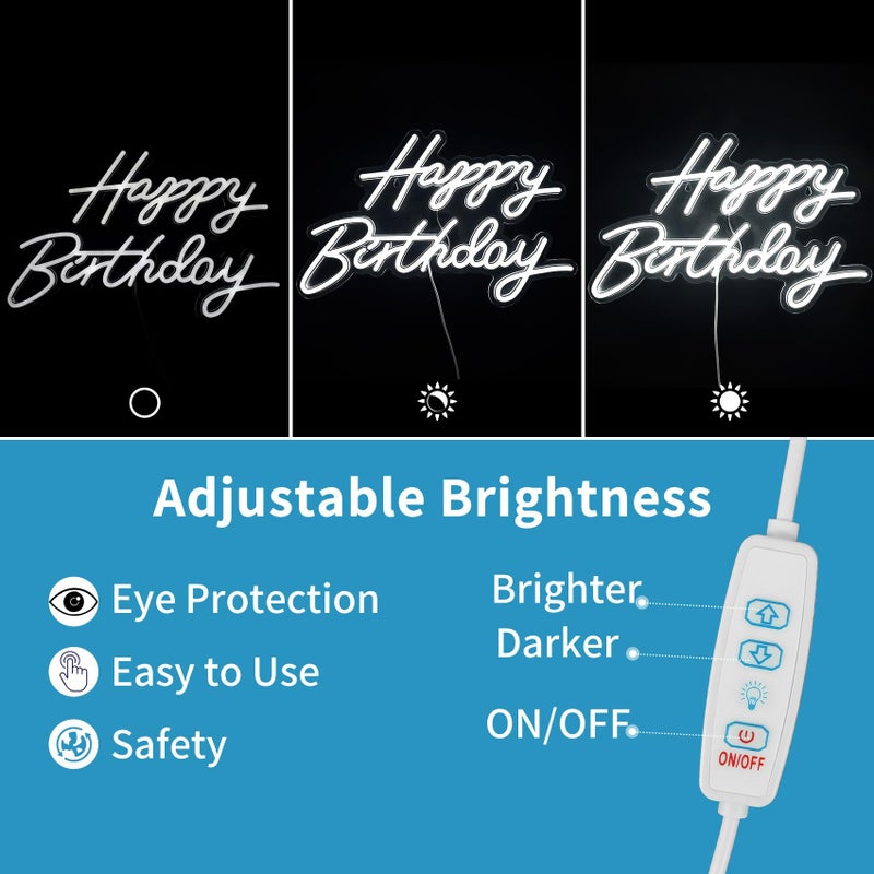 Dengduoduo Happy Birthday Neon Sign for Wall Decor, LED Happy Birthday Light Up Sign, USB Powered Dimmable Neon Light for Birthday Party Decorations Backdrop, White - Image 3