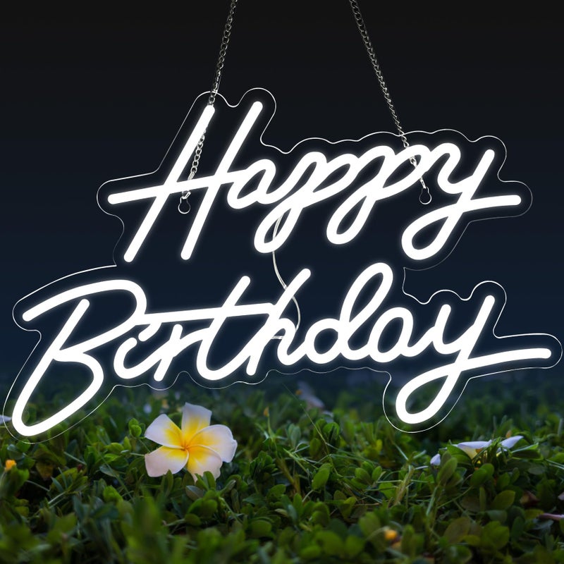 Dengduoduo Happy Birthday Neon Sign for Wall Decor, LED Happy Birthday Light Up Sign, USB Powered Dimmable Neon Light for Birthday Party Decorations Backdrop, White - Image 1