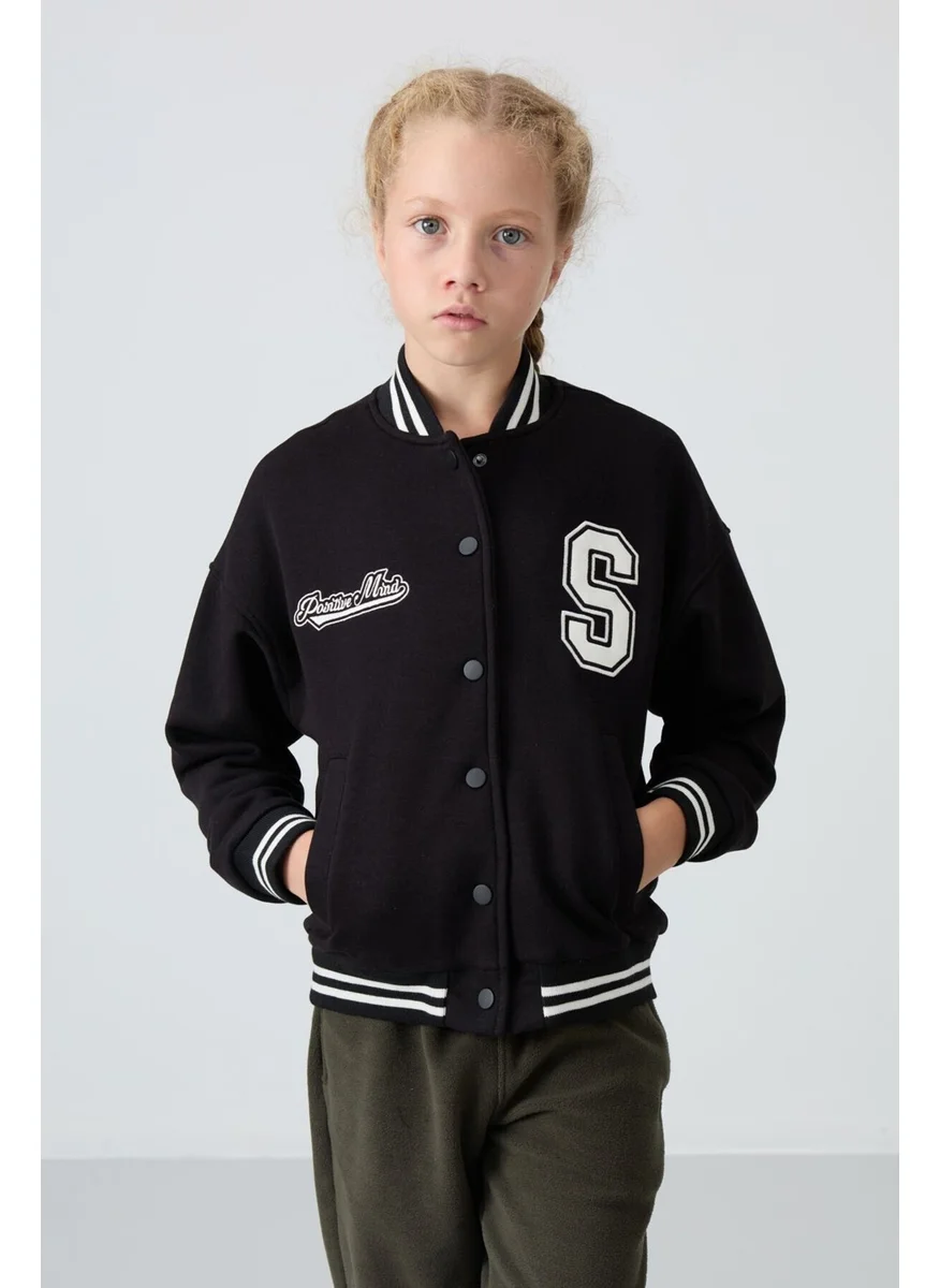 Tommy Life Black Cotton Fluffy Soft Texture Standard Fit Embroidered Girls College Jacket - 75163