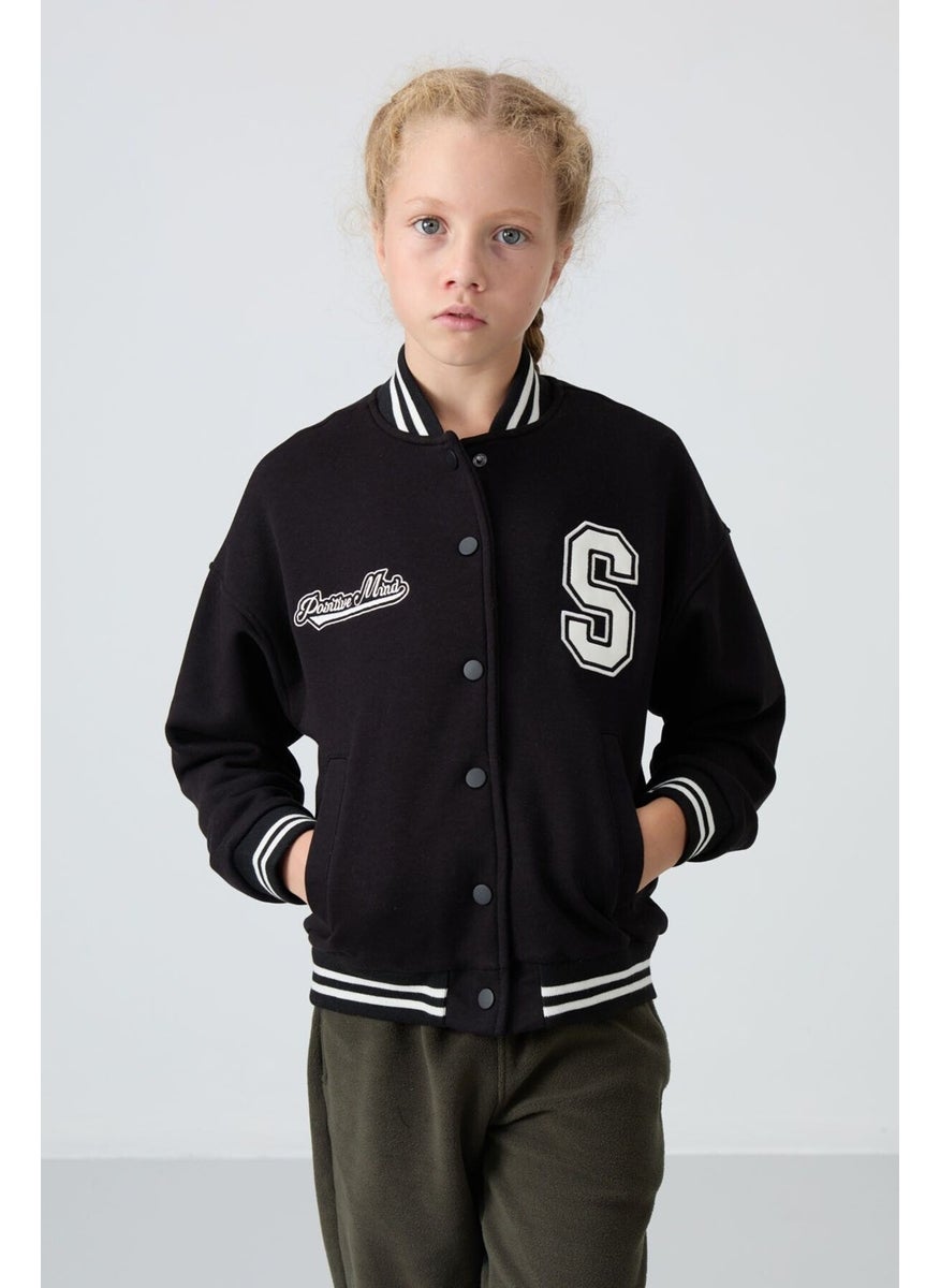 Tommy Life - Black Cotton Fluffy Soft Texture Standard Fit Embroidered Girls College Jacket - 75163 - Image 1