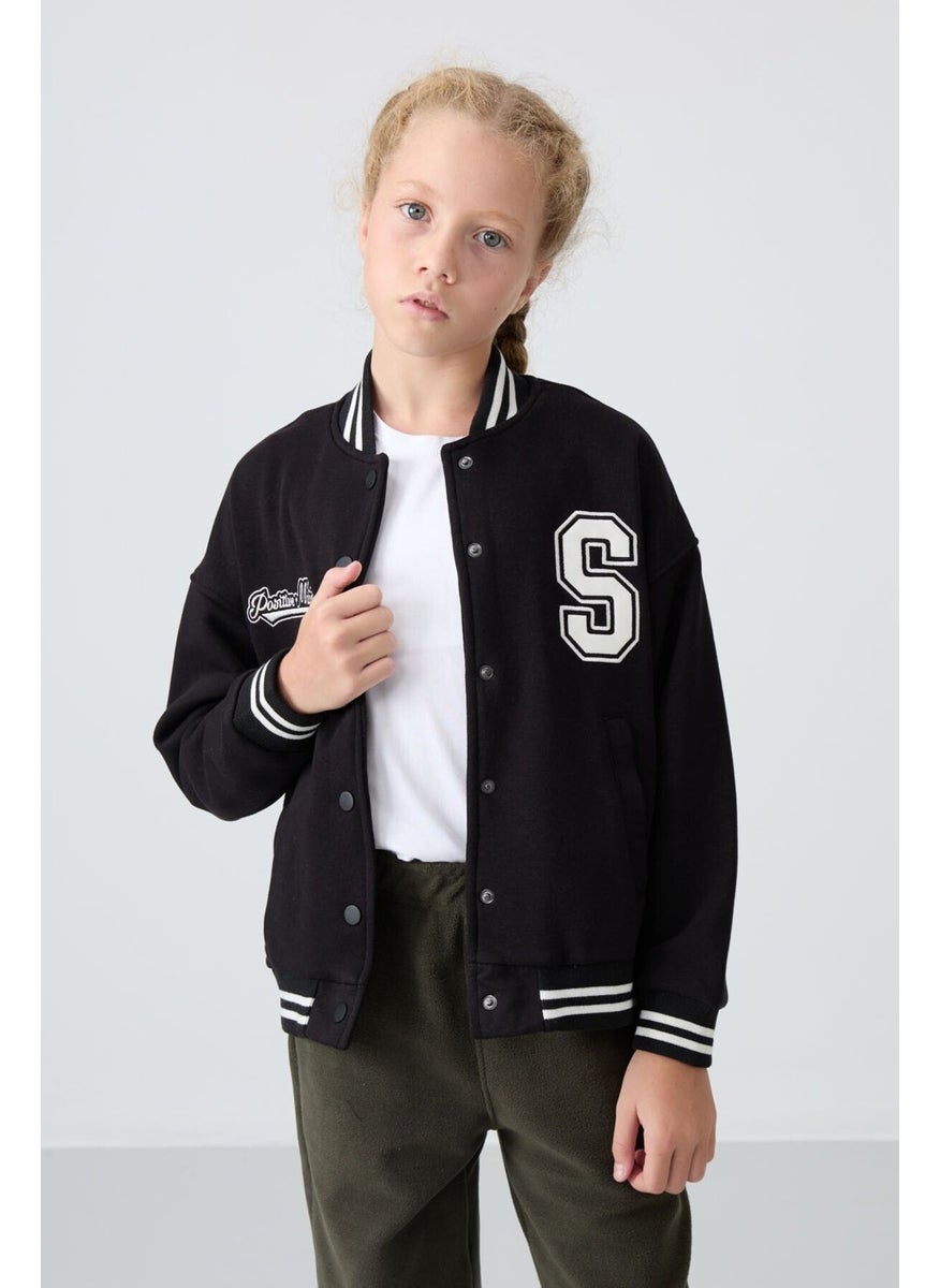 Tommy Life - Black Cotton Fluffy Soft Texture Standard Fit Embroidered Girls College Jacket - 75163 - Image 1