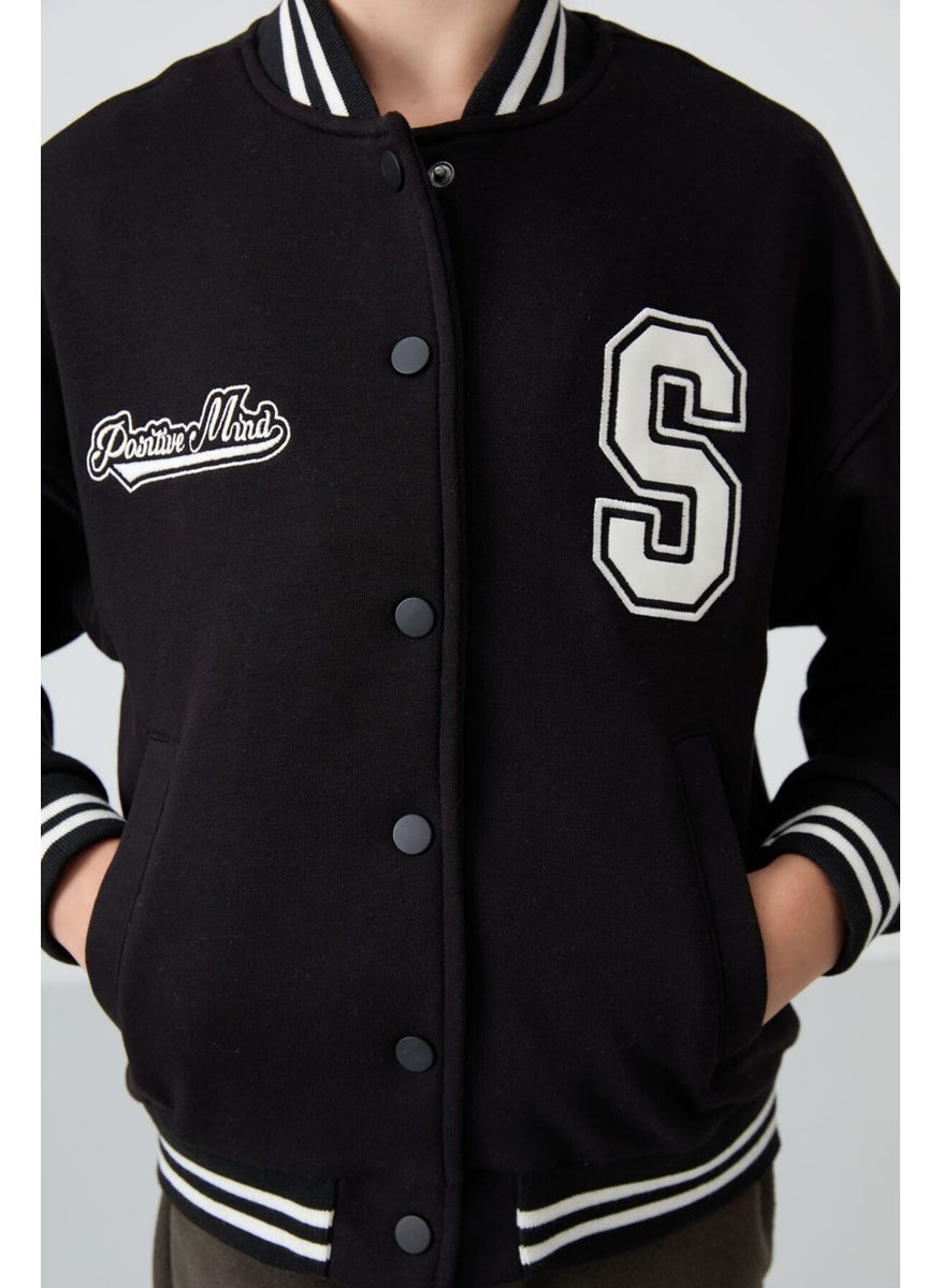 Tommy Life - Black Cotton Fluffy Soft Texture Standard Fit Embroidered Girls College Jacket - 75163 - Image 1