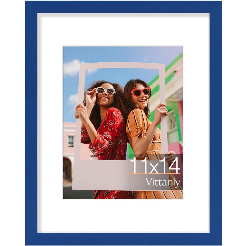Vittanly 11x14 Picture Frame, Engineered Wood with Shatter Resistant Plexiglass, Display Pictures 8x10 with Mat or 11x14 without Mat, Photo Frame for Wall Mounting, Royal Blue, 1 Pack - Image 1