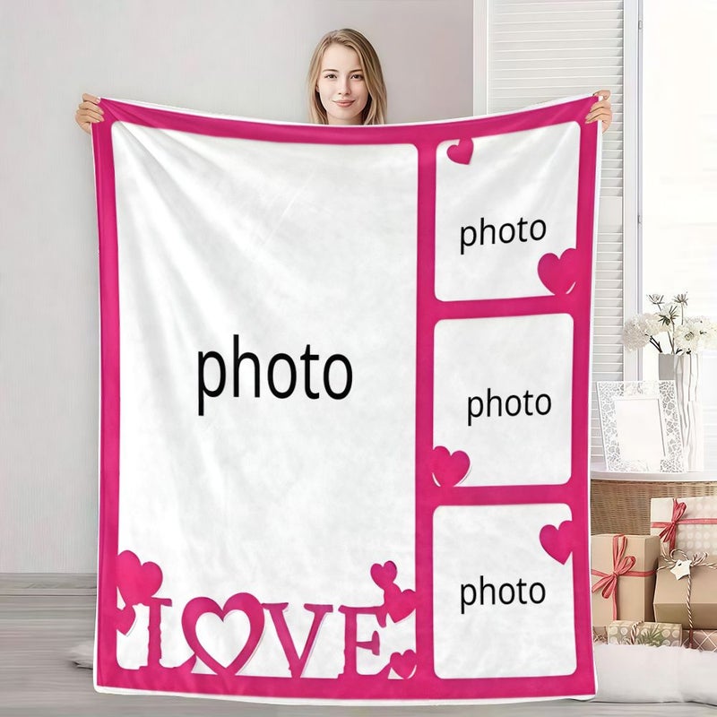 1 بطانية فلامنيل ذات طابع قلوب حمراء وورود بحجم 70×100 سم، قابلة للتخصيص بصور عائلية أو صور للأزواج، بطانية دافئة لل commemorative وللقيلولة. - Image 1