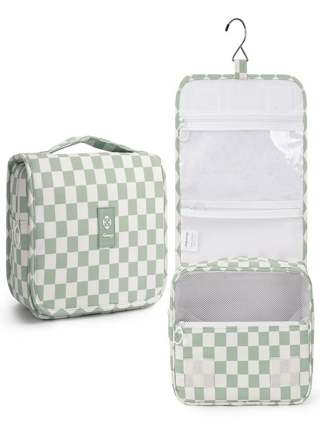 Narwey Small Hanging Travel Toiletry Bag for Traveling Women, Checkered Travel Bag for Toiletries, Makeup Bag Organizer Make Up Cosmetic Bags (Mint Green Checkerboard) - Image 1