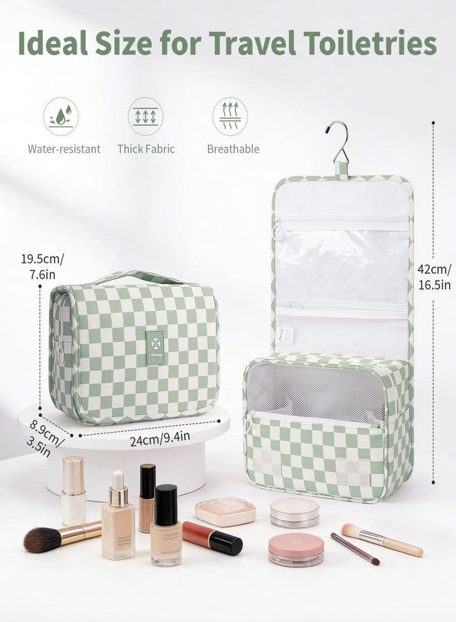 Narwey Small Hanging Travel Toiletry Bag for Traveling Women, Checkered Travel Bag for Toiletries, Makeup Bag Organizer Make Up Cosmetic Bags (Mint Green Checkerboard) - Image 2