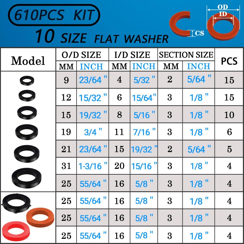 ZDBB 7 Size Water Hose Gasket and 20 Size O Ring Rubber Washer Assortment Kit 610 Pcs Nitrile Washers Set for Plumbing Faucet Pipe Hose Shower Head Pressure Washer Sealing Repair OD 9-31MM - Image 2