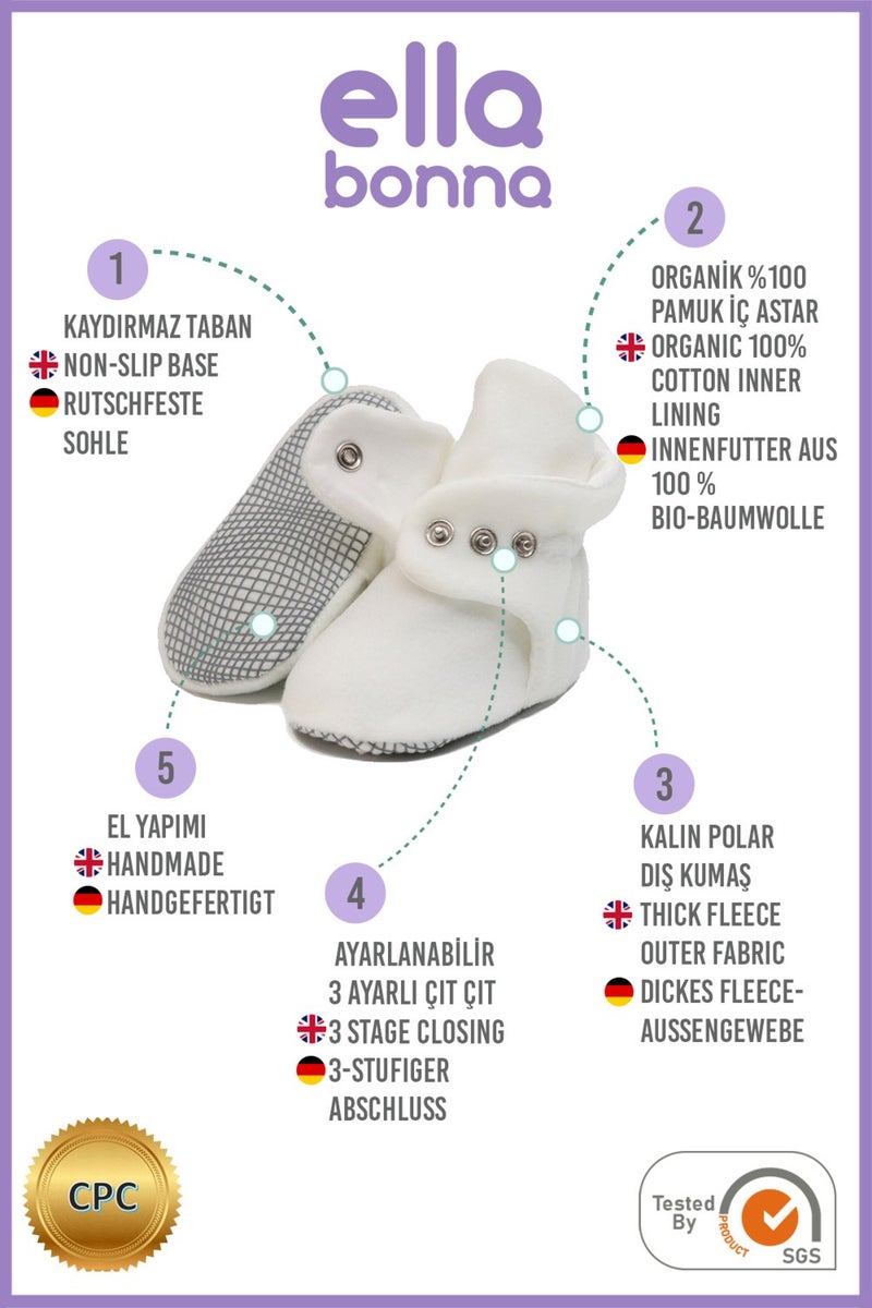 Ella Bonna Polar Baby Slippers, Non-Slip Sole, Organic Cotton Lined, First Step Home Slippers, White - Image 4