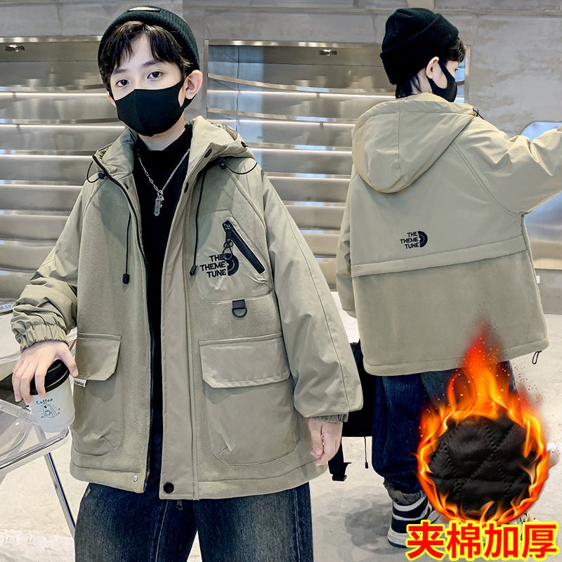 Boys' Fleece-Lined Denim Jacket, Model, Children'S Winter Warm Cotton-Padded Thickened Jacket For Older Kids - Image 5