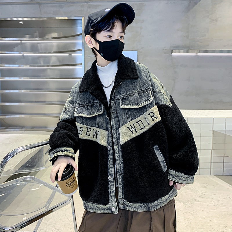Boys' Fleece-Lined Denim Jacket, Model, Children'S Winter Warm Cotton-Padded Thickened Jacket For Older Kids - Image 1