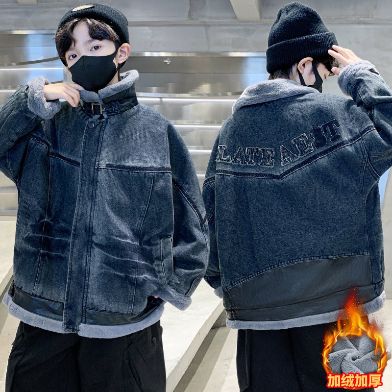 Boys' Fleece-Lined Denim Jacket, Model, Children'S Winter Warm Cotton-Padded Thickened Jacket For Older Kids - Image 2