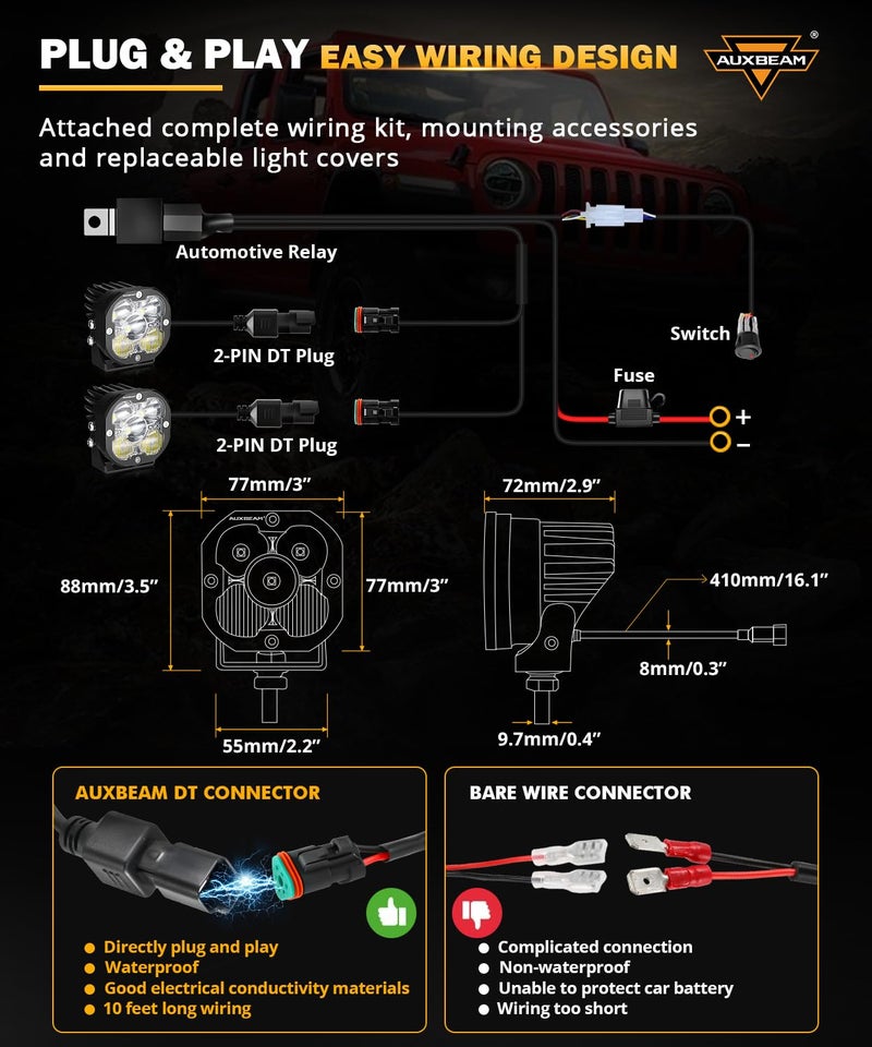 Auxbeam XP-Ultra Series 3Inch 80W Spot Flood Combo Ditch Lights, 9600LM Far & Wide Off Road Light Bar Amber White Cube Lights, LED Pod Lights Offroad Driving Auxiliary Fog Lights with Covers, Pair - Image 5