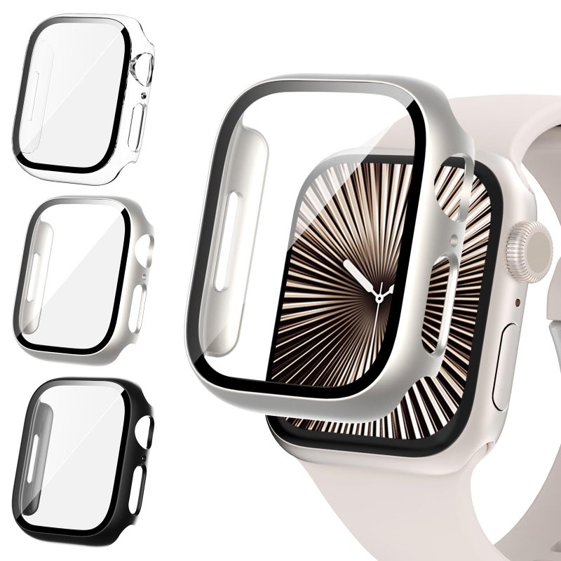 FULLIFE 3 Pack Apple Watch 42mm Screen Protector, Built-in 9H Tempered Glass Film, Hard PC Protective Case, Black/Starlight/Transparent - Image 3