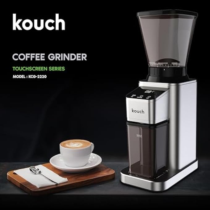 KOUCH Coffee Grinder Electric Adjustable Touchscreen Burr Mill With 24 Precise Settings Precision Electronic Timer AntiStatic Brushed Stainless Steel - Image 2