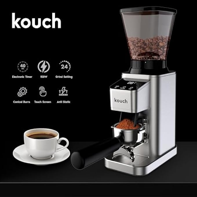 KOUCH Coffee Grinder Electric Adjustable Touchscreen Burr Mill With 24 Precise Settings Precision Electronic Timer AntiStatic Brushed Stainless Steel - Image 4