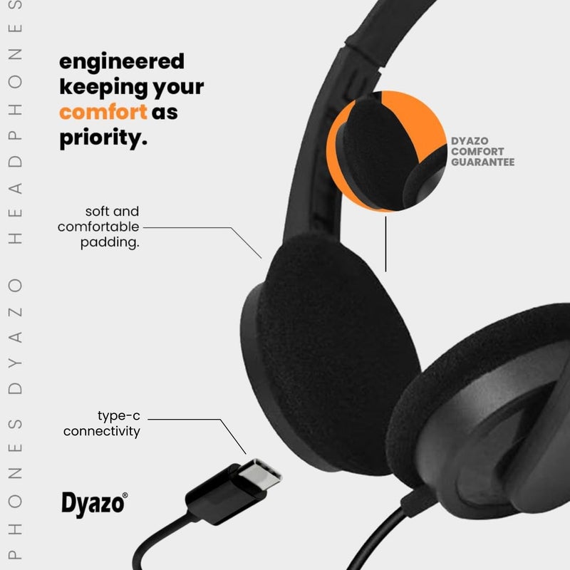 Dyazo Type C Wired Headphones with Mic | Lightweight On Ear Headset Compatible for PC, Mobile Phones, Laptop & MacBook | Comfortable Fit | Ideal for Office, Calls & Online Meetings (Black) - Image 4