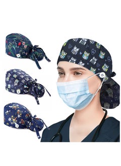 TLAXCA 3 Pack Surgical Caps for Long Hair, Adjustable Elastic Nursing Cap with Button and Sweatband, Bouffant Cotton Hats Scrub Cap for Women  - Image 1