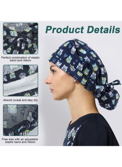 TLAXCA 3 Pack Surgical Caps for Long Hair, Adjustable Elastic Nursing Cap with Button and Sweatband, Bouffant Cotton Hats Scrub Cap for Women  - Image 5