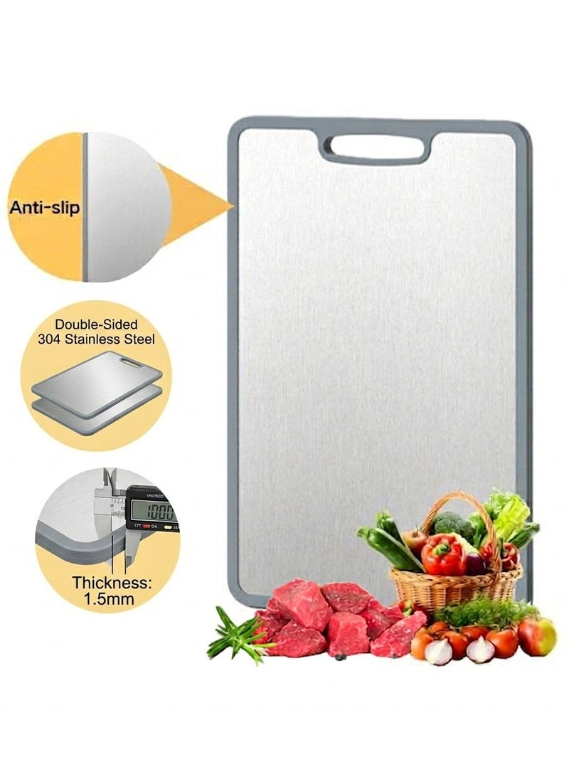 لوح تقطيع ستانلس ستيل مزدوج الوجه – لوح مطبخ غير قابل للانزلاق بحافة سيليكون، سهل التنظيف، مثالي للحوم والخضروات والفواكه (36 × 25 سم) - Image 1