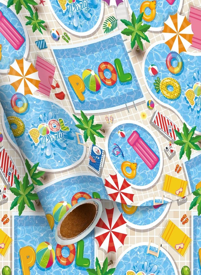 Pineraap Summer Pool Party Wrapping Paper Roll, Tropical Beach Swimming Gift Wrap with Palm Tree Pattern, Luau Party Gift Wrap for Hawaii Birthday Summer Holiday Vacation, 17 In x 16.4 Ft - Image 1