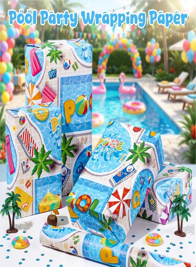 Pineraap Summer Pool Party Wrapping Paper Roll, Tropical Beach Swimming Gift Wrap with Palm Tree Pattern, Luau Party Gift Wrap for Hawaii Birthday Summer Holiday Vacation, 17 In x 16.4 Ft - Image 2