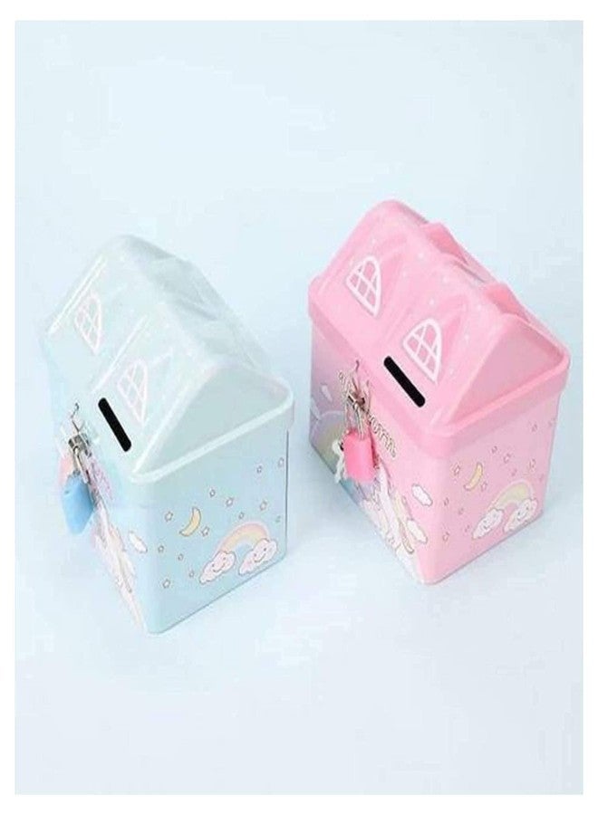 Sellon1 Unicorn Piggy Saving Bank For Girls Kids With Lock And Key | House Shape Metal Coin Bank, Cottage, Multi-coloured - Image 4