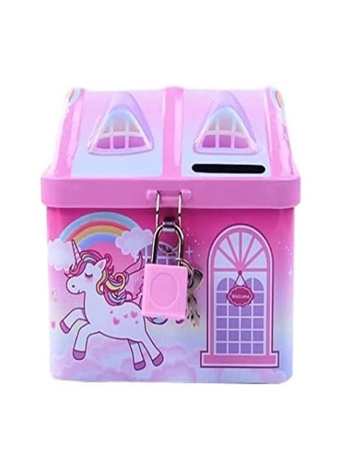 Sellon1 Unicorn Piggy Saving Bank For Girls Kids With Lock And Key | House Shape Metal Coin Bank, Cottage, Multi-coloured - Image 5