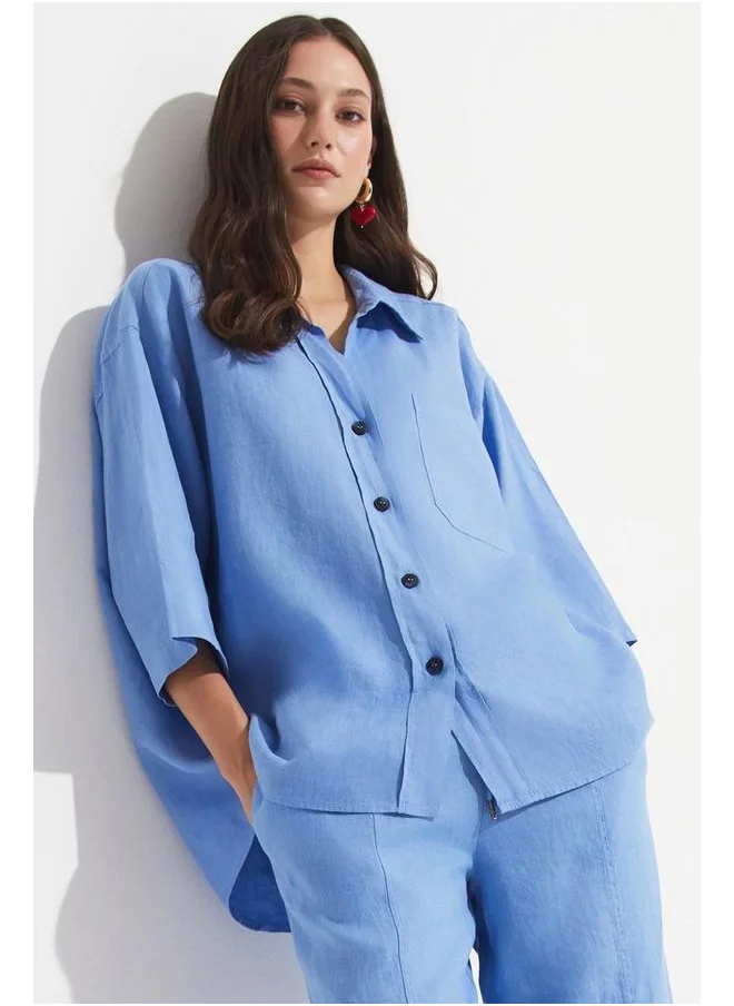 JUNE June Women Exclusive Regular Fit 100% Linen Shirt Blue